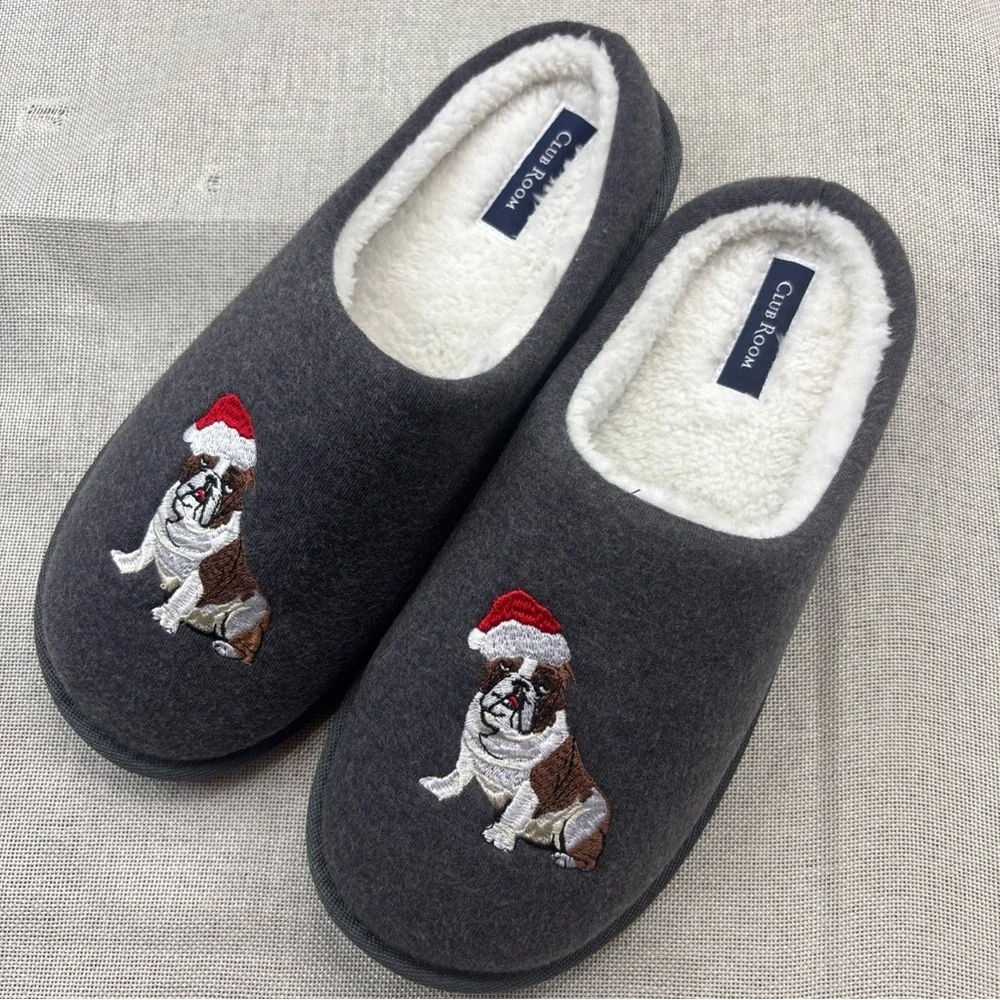 Club Room Mens Holiday Bulldog Slip On Slippers Charcoal Grey Medium 8-9